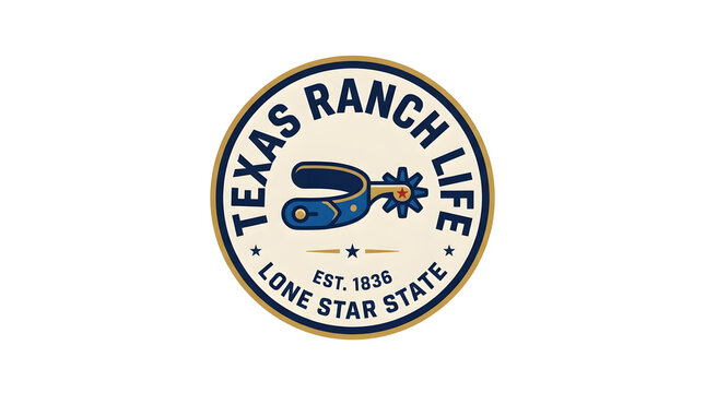 Vintage Texas ranch life logo badge with boot spur and star. Retro western emblem for cowboy lifestyle branding and Lone Star State heritage.