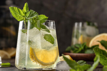 Fresh mojito cocktail and ingredients close up on dark bar table background © Hanna