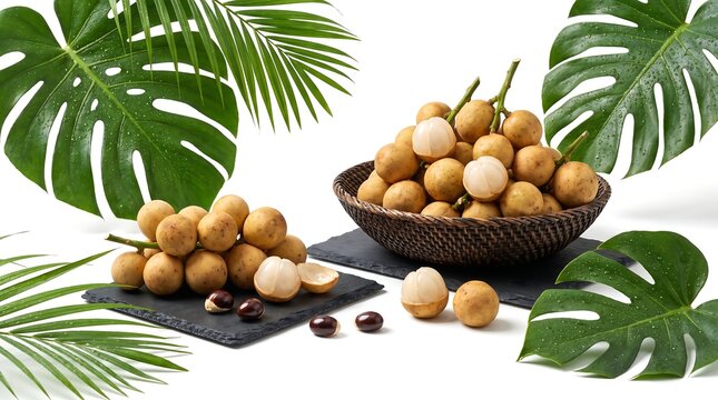 Fresh longan fruits arranged in a wooden bowl and on a slate board with tropical leaves.