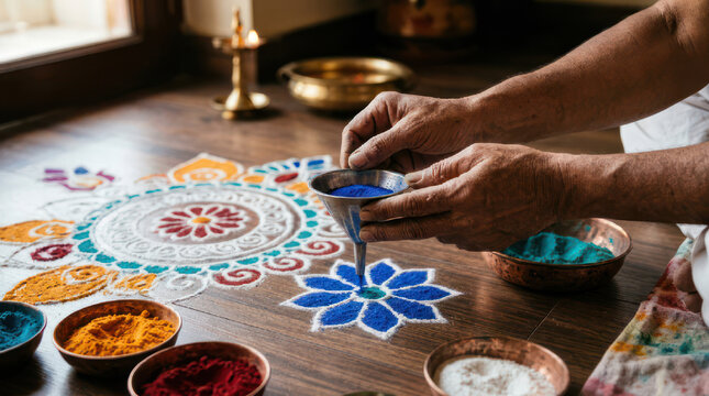 Hands creating colorful rangoli pattern with powder.