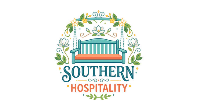 Southern hospitality logo with porch swing illustration. Vintage badge design for warm welcoming branding and tourism promotions.