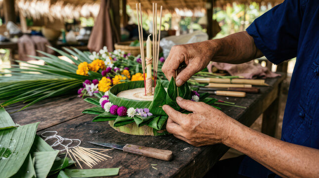 Person crafting a traditional floral offering with hands and natural materials.