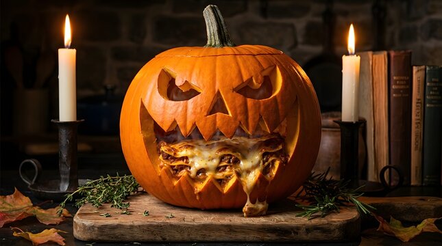 A carved jackolantern pumpkin filled with cheesy lasagna, sitting on a wooden board with candles and herbs in a rustic kitchen setting