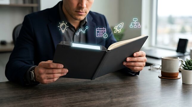 Man reading black notebook at wooden desk with business icons floating above book pages near window person hands diary.