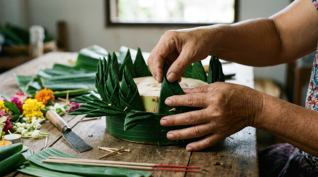 Person making traditional Thai krathong for festival.