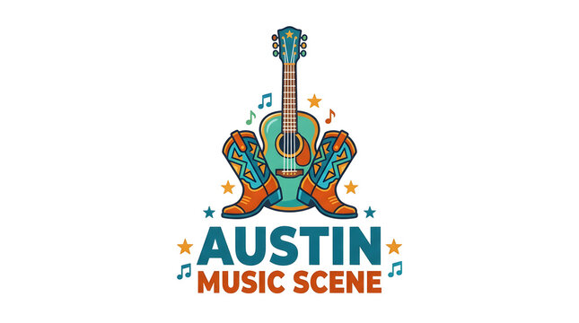 Vibrant music festival logo with guitar and cowboy boots. Colorful retro vector badge celebrating live country rock concerts.