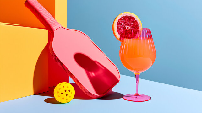 Pickleball aperitivo banner featuring paddle, yellow ball, and vibrant alcohol-free mocktail, connecting summer sport culture, resort leisure, social wellness, and luxury advertising space.