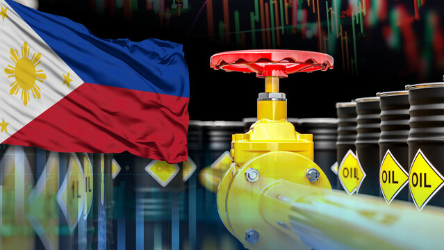 The Philippine flag, oil pipelines, oil drums, and financial charts illustrate the energy sector, the oil and gas industry, gasoline transportation, and fluctuations in Philippine oil prices.