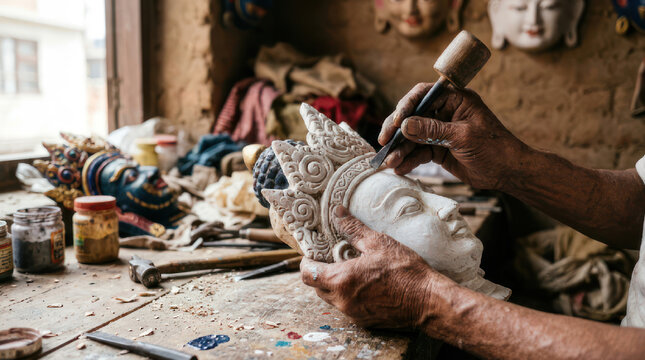 Sculptor carefully carves intricate details into a stone statue head.
