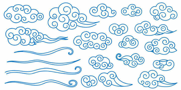 Stylized Cloud Illustrations Blue Line Art On White Background