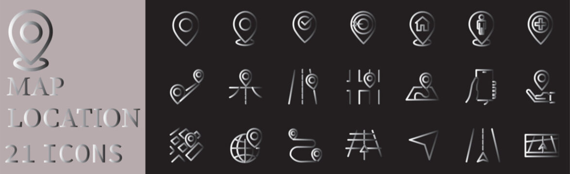 Map and location icon set. Navigation, GPS, direction, travel, route, destination, road, navigator icon