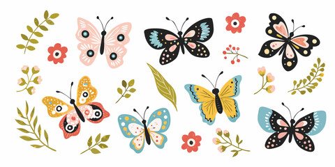 Colorful butterfly illustration set with floral elements on a white background © Ajay