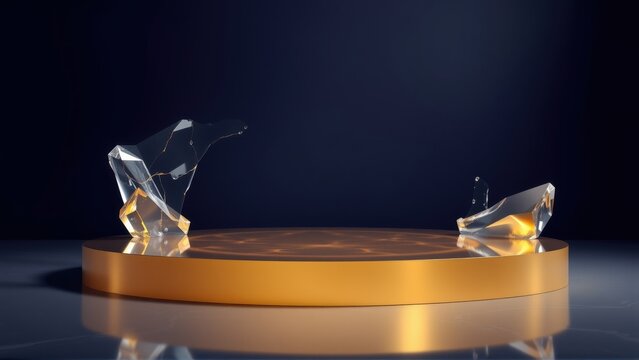 Golden platform displays fractured crystal pieces. Dramatic lighting creates sleek, modern presentation. Minimalist aesthetic, dark background.