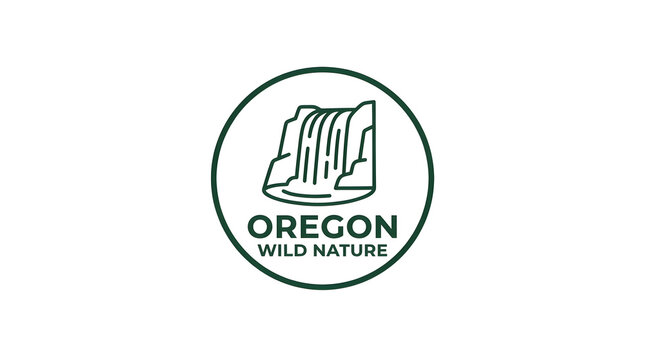 Oregon state pride badge with waterfall emblem. Minimalist circular logo for nature-themed branding and merchandise.
