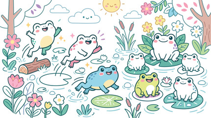 Naklejka premium Cute colorful frogs playing together in a peaceful pond with lily pads and bright flowers