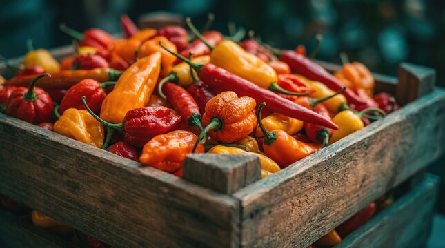 A wooden crate holds a mix of fresh peppers at a market. The bright colors attract shoppers. It is a busy afternoon