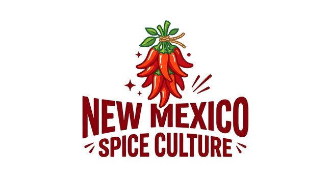 New Mexico spice culture emblem with red chili peppers. Vibrant southwestern food branding logo design.