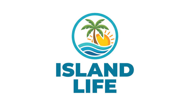 Tropical island life logo with palm tree and ocean waves. Minimalist beach vacation emblem for branding and travel marketing.