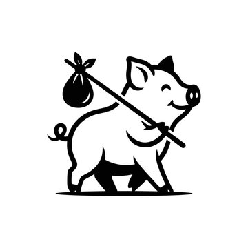 Cartoon pig traveler walking with stick and bindle bag.