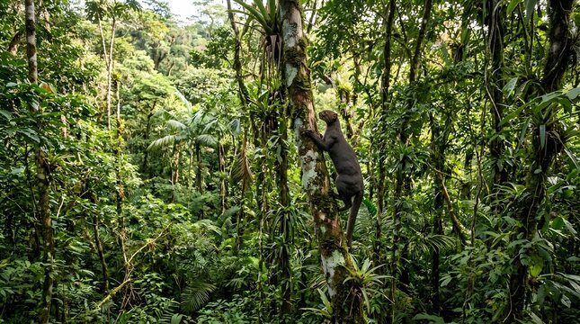Black jaguar climbing a tree in the lush tropical rainforest of the amazon
