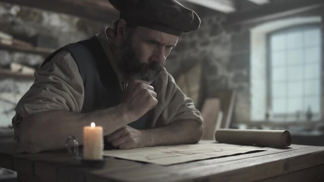 A medieval artist examining an ornithopter wing sketch on parchment while stroking a beard, sitting at a rustic wooden table inside a medieval workshop