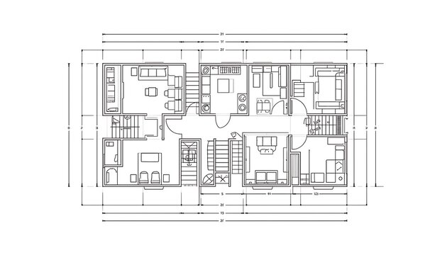 This architectural floor plan depicts a detailed layout of a modern residential house with multiple rooms including bedrooms bathrooms and living spaces