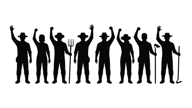 Black silhouettes of farmers with raised hands and tools