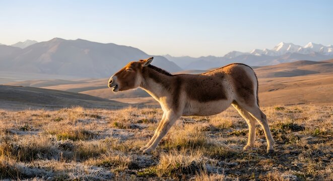 Kulan or wild ass standing in the high altitude steppe