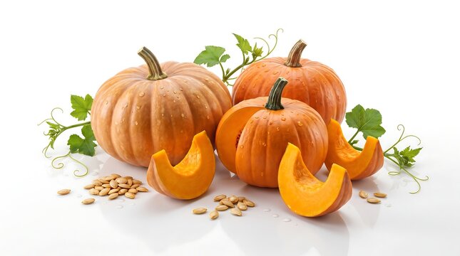 Fresh whole pumpkins and sliced pieces with seeds isolated on white background.