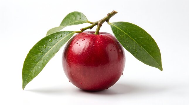 A single fresh red pitanga fruit with green leaves isolated on a white background.