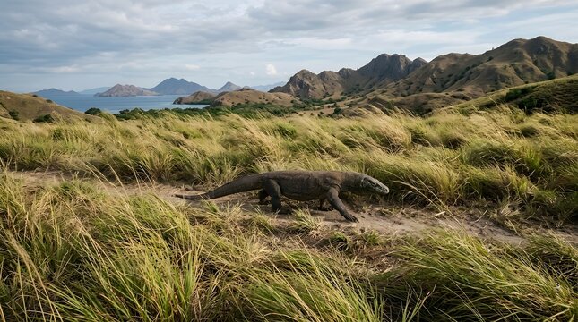 Komodo dragon walking on a dirt path in the grassy hills of komodo national park