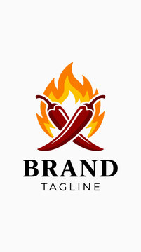 Crossed chili peppers with fire logo design.