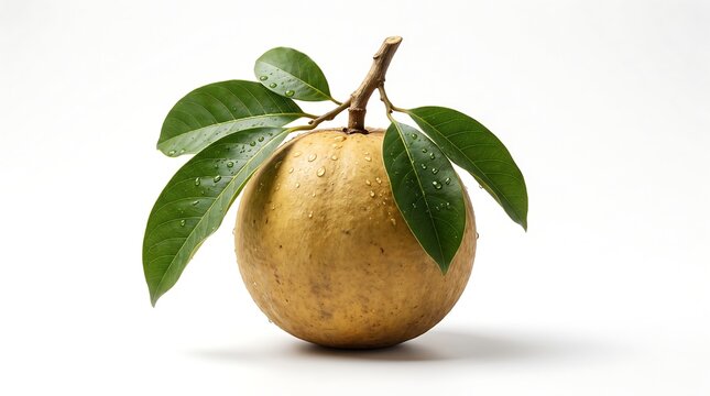 Fresh whole santol fruit with green leaves isolated on a white background.