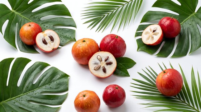 Fresh whole and sliced star apple fruits arranged with tropical monstera leaves on white background.