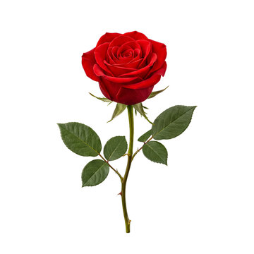 Vibrant red rose bloom on a green stem with fresh leaves, isolated on transparent background.