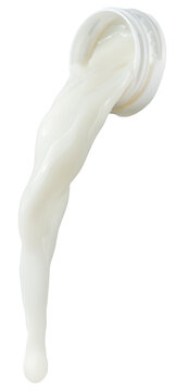 Thick stream of white milk pouring from bottle bottle-neck isolated on a white background. Clipping Path.