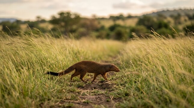 Banded mongoose walking through tall grass in the african savanna
