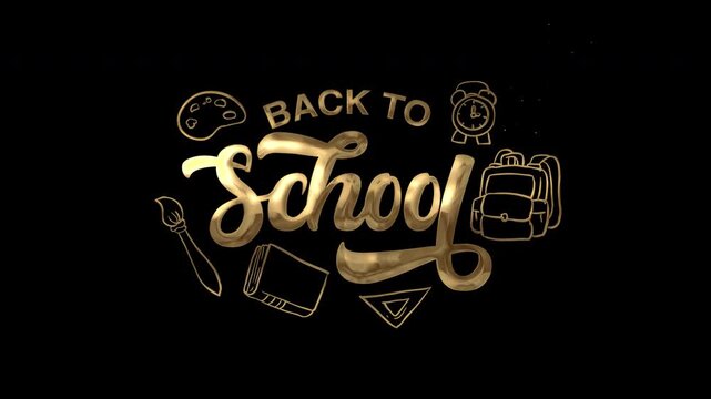 Golden letters spell "Back to School" against a dark background. Art tools and backpacks float around the text. The design feels festive and nostalgic for returning to education