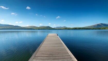 Fototapeta premium Dock Stretches Over Calm Water Towards Distant Hills On A Clear Day