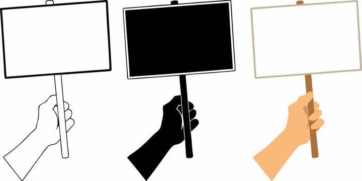 Hands Holding Rectangular Signs In Three Color Variations Vector Illustration