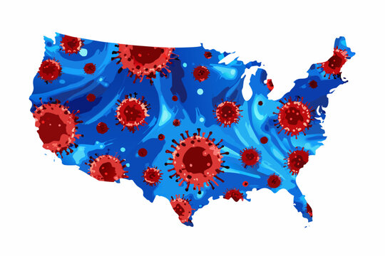 United States Map Illustration With Viral Cell Shapes And Blue Swirls