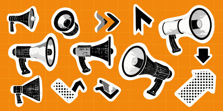 Retro Megaphones And Arrows Halftone Sticker Set Against Orange Background