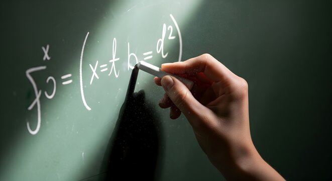 Hand writing complex mathematical equations on a green chalkboard in class