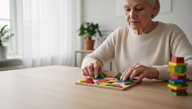 Senior Woman Training Memory with Colorful Wooden Pattern Puzzle for Healthy Brain Aging