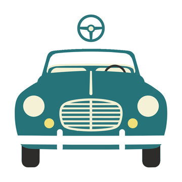 Minimalist front view of a vintage convertible car with a steering wheel icon above on a white background representing a travel and summer adventure concept