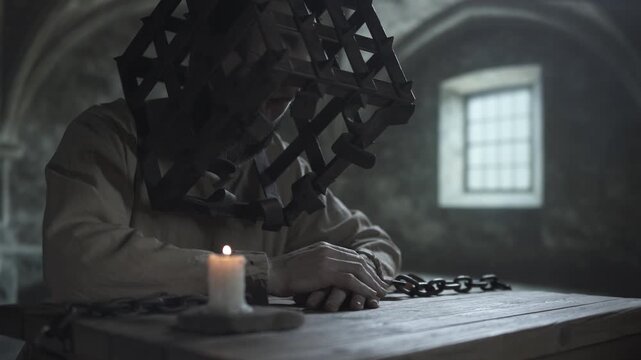 Prison inmate locked in an iron head cage and shackles looking at a burning candle, warming his chained hand over a candle flame while sitting at a rough wooden table, inside a dungeon