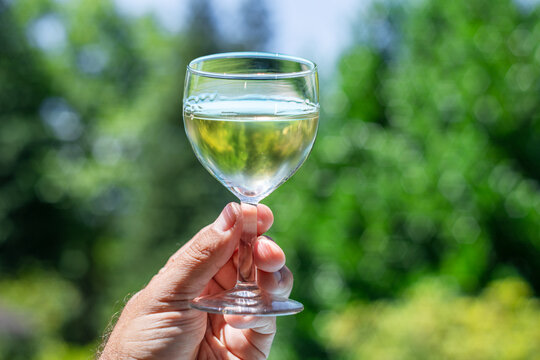 Hand holding a glass of chilled white wine near blue swimming pool