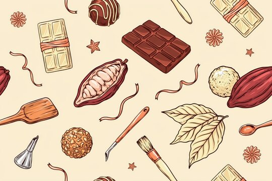 Seamless pattern featuring milk and white chocolate bars, cocoa pods, truffles, pastry brushes, and spatulas on a light cream background