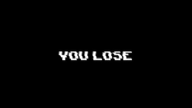you lose text with glitch background Concept for animated video game screen. text you lose looped glitch animation gaming effects 4k animation