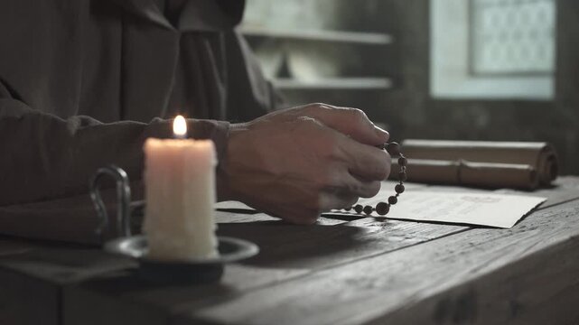 Close up of scribe hand fingering wooden rosary beads next to a sacred liturgy document and a burning candle, inside a monastery library